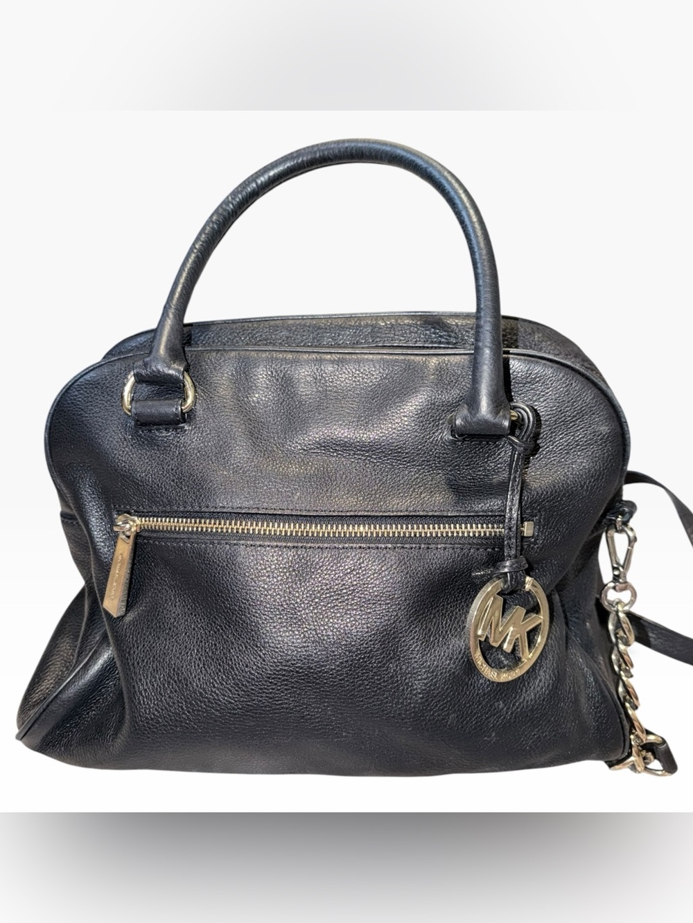 Michael Kors Black Leather Satchel with Gold MK Charm